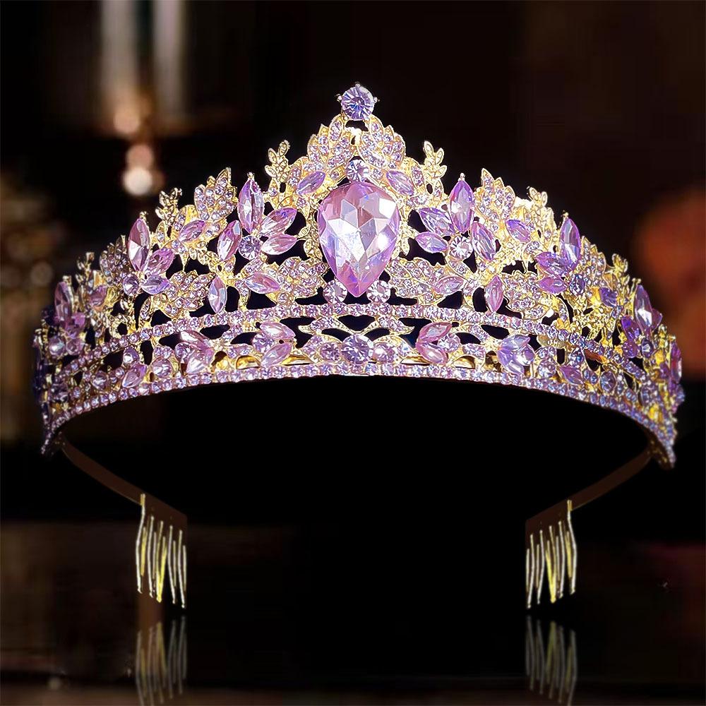 DIEZI Different Style Baroque Purple AB Crystal Tiara Crown For Women Wedding Party Bridal Bride Crown Hair Dress Accessories