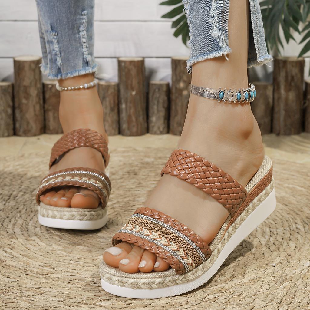 Fashion 2025 new fashion height-increasing and wear-resistant casual and fashionable fish-mouth slippers woven with hemp rope