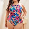 Women's Plus Size One Piece Swimsuit Halter Neck Keyhole Front Ruched Design Comfortable Stretch Fabric Swimwear