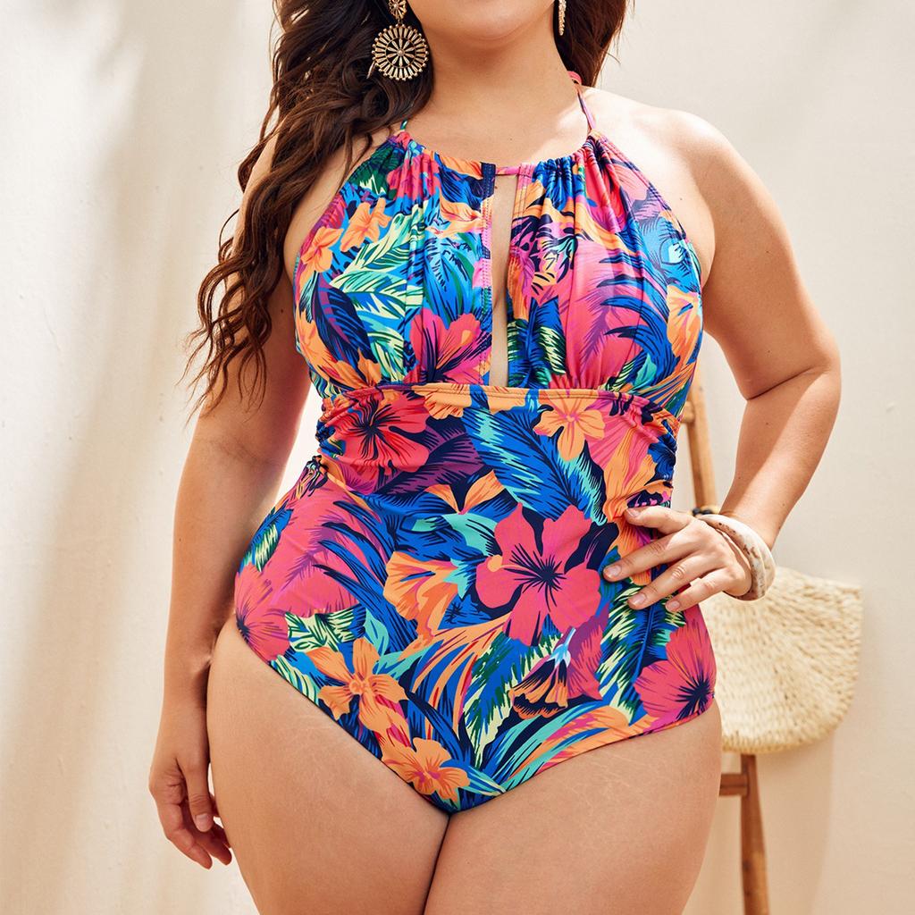 Women's Plus Size One Piece Swimsuit Halter Neck Keyhole Front Ruched Design Comfortable Stretch Fabric Swimwear