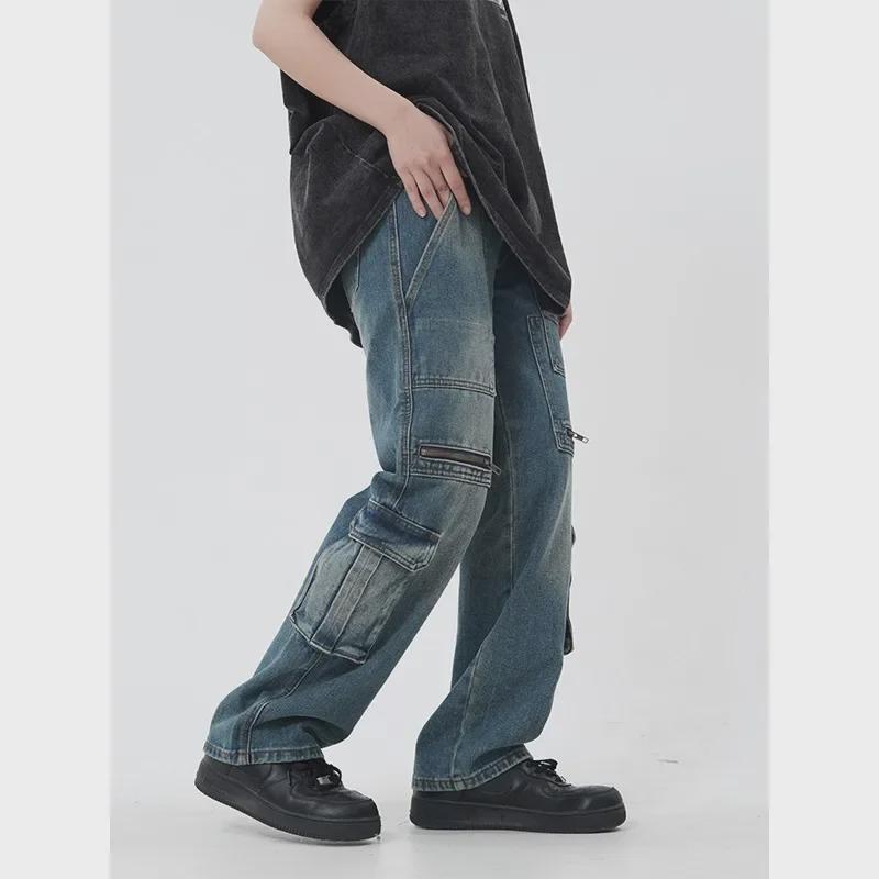 Unisex Retro High Street Pocket Jeans: Loose, Wide-Leg, Straight Fit Workwear for Couples