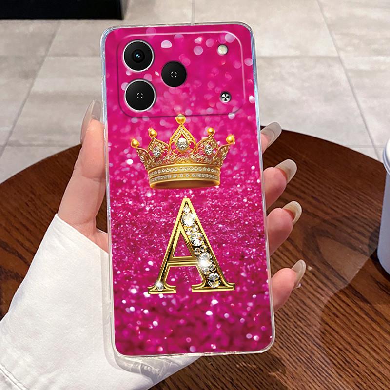 Phone Case For Tecno Spark 50 Bumper Transparent TPU Shockproof Soft Casing Crown Lucky Initial Letter Pattern Couple Shell
