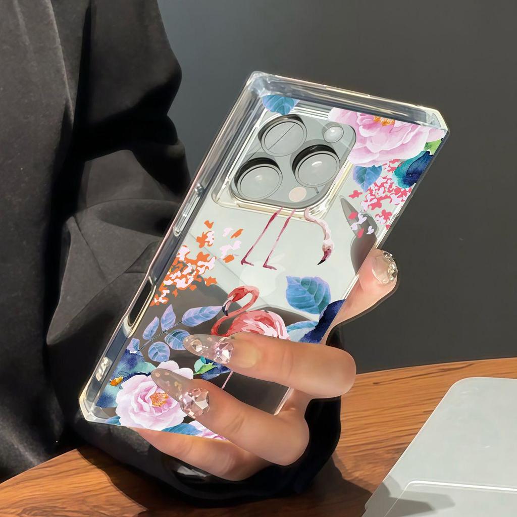 Clear Square Back Tube Case Protection For iPhone 12 16 ProMax 15 Plus 13 14 Pro Max 11 Anti-Oxygen,Flamingo Pattern Casing