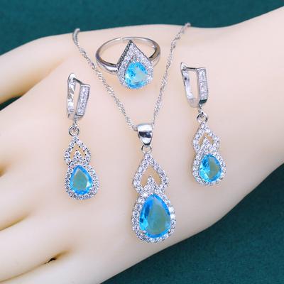 Water Drop Sky Blue Zirconia  Color Jewelry Sets For Women Crystal Earrings Necklace Adjustable Ring Wedding Gift