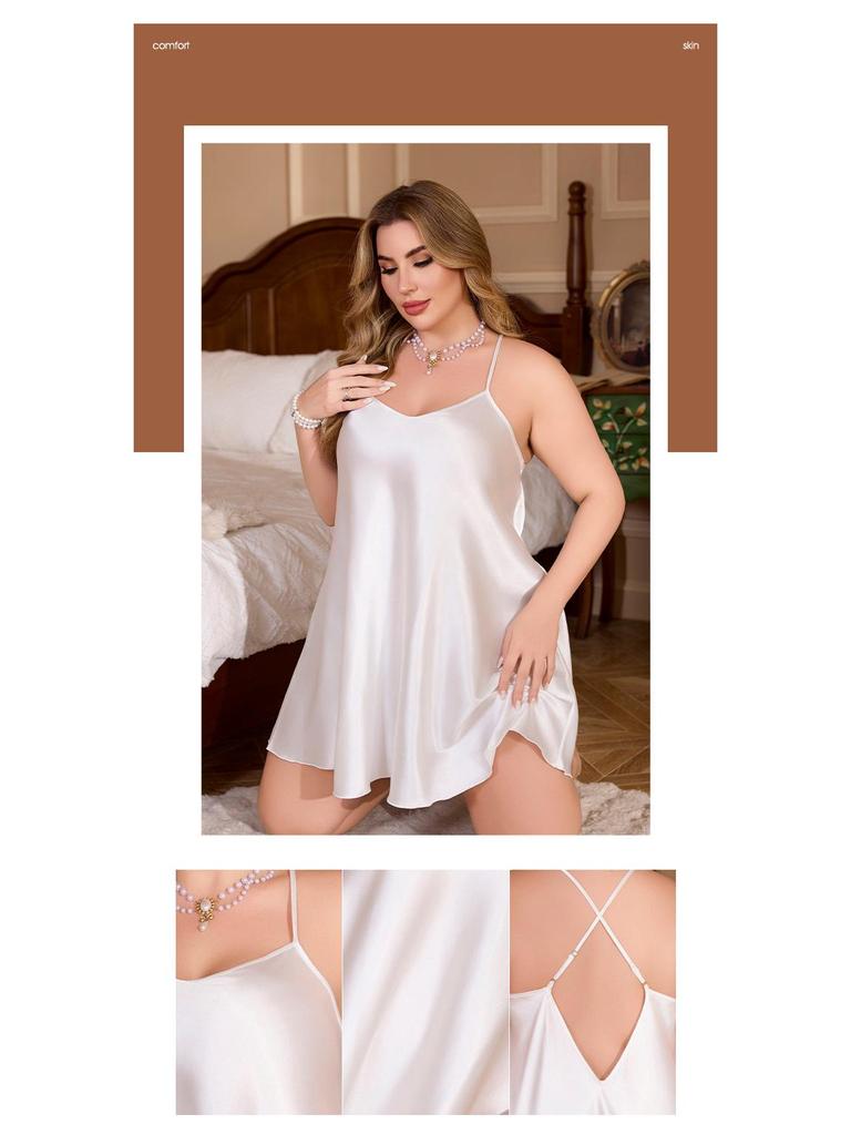 Evropská a americká noční košile plus size z ledového hedvábí na špagetová ramínka pro ženy - Jednobarevné domácí oblečení