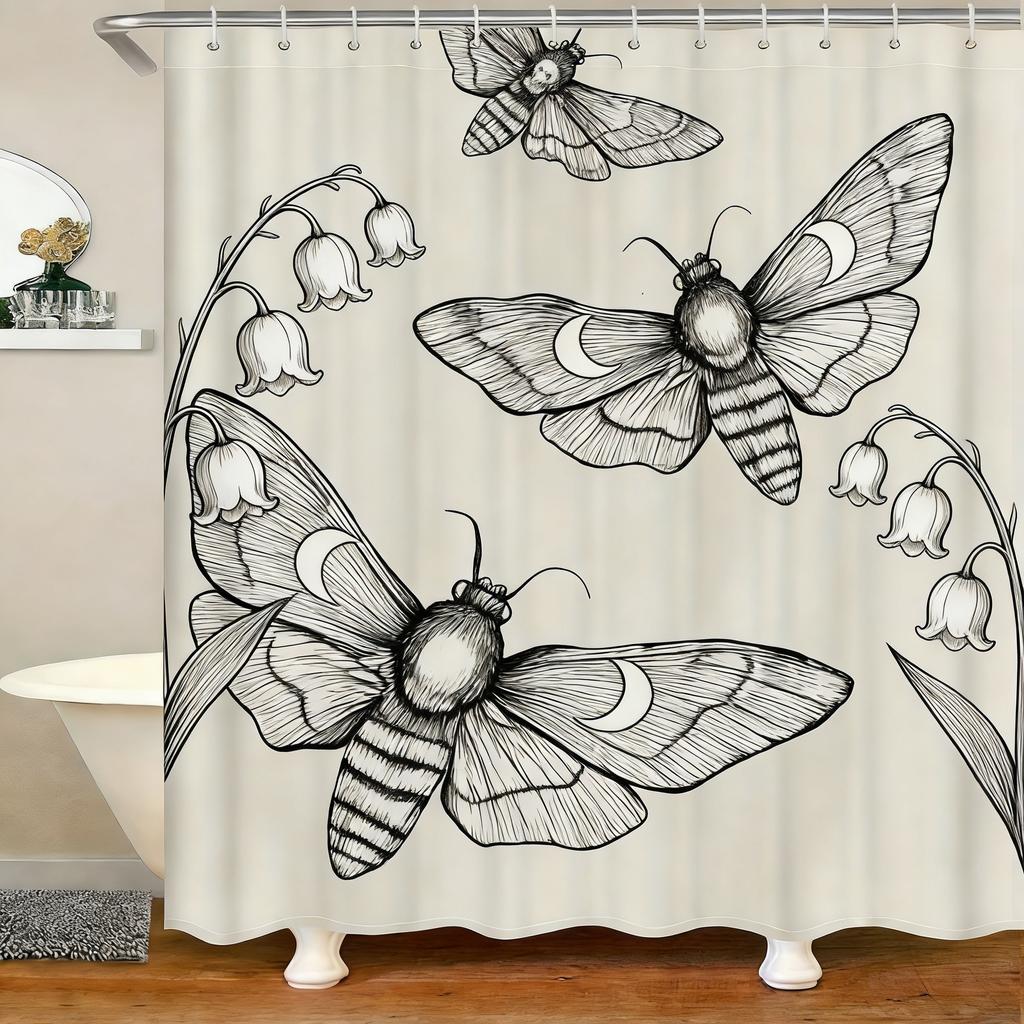 Vintage Moth & Floral Sketch Waterproof Shower Curtain for Bathroom Decor