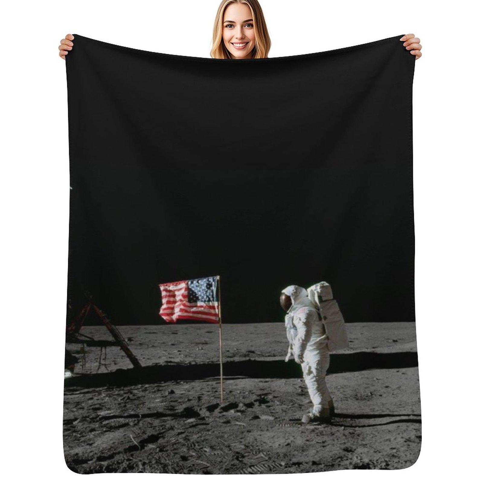 Buzz Aldrin On The Moon Beside The United States Flag Throw Blanket Cozy Light Blanket for Travel Camping Picnic Size: 75*100cm, Weight: 230 GSM