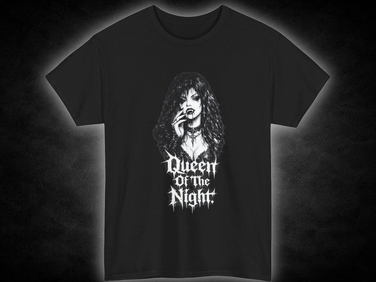 Queen of the Night Black Tee | Goth Vampire Portrait, Retro Horror Typography XL