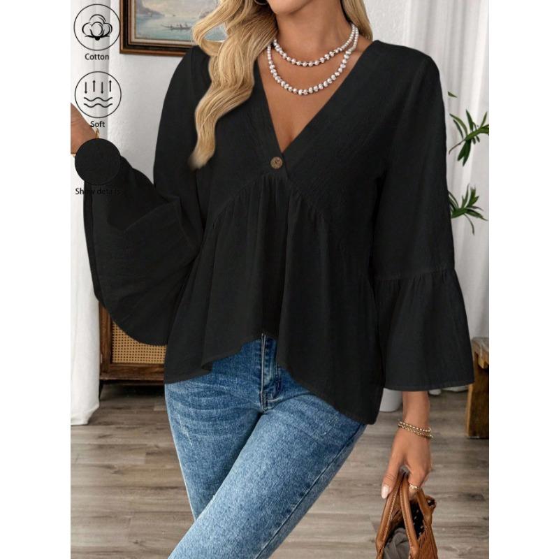 Spring Summer V-neck Elegant Loose Ruffled Women Blouse Half Sleeve Simple Casual Blouse Female New Solid Color Lotus Leaf Tops Office Sweet Clothing