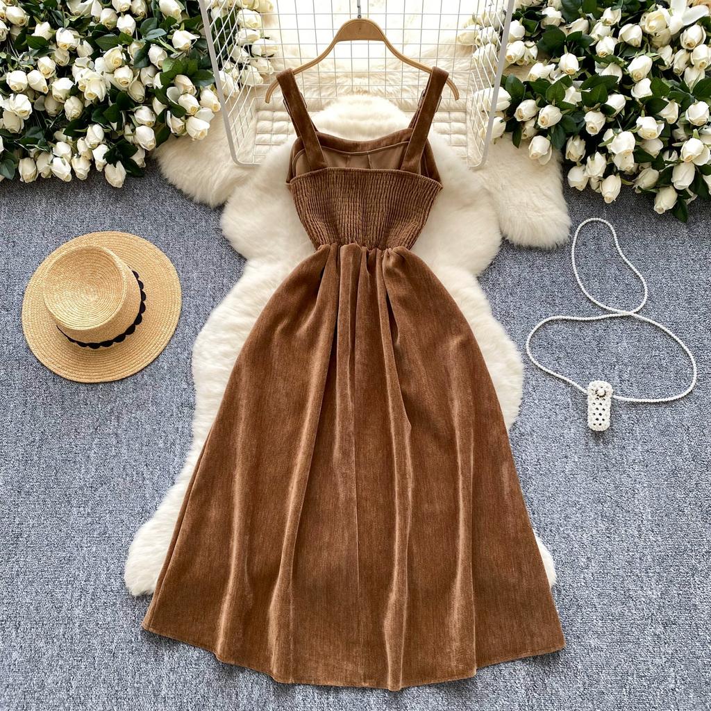 Toamnă Iarnă Anglia Stil Vintage Femei Rochii Midi Lungi din Catifea Cord cu Bretele Spaghetti