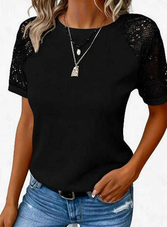 European & American 2025 Solid Lace Long Sleeve Hollow Round Neck Casual Women's T-shirt