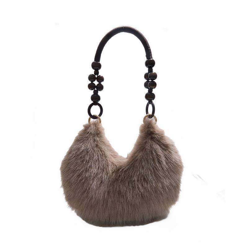 Autumn and Winter New Wooden Bead Portable Plush Shoulder Bag Handbag Texture Fashion Bag Female Sweet Cute Armpit Bag