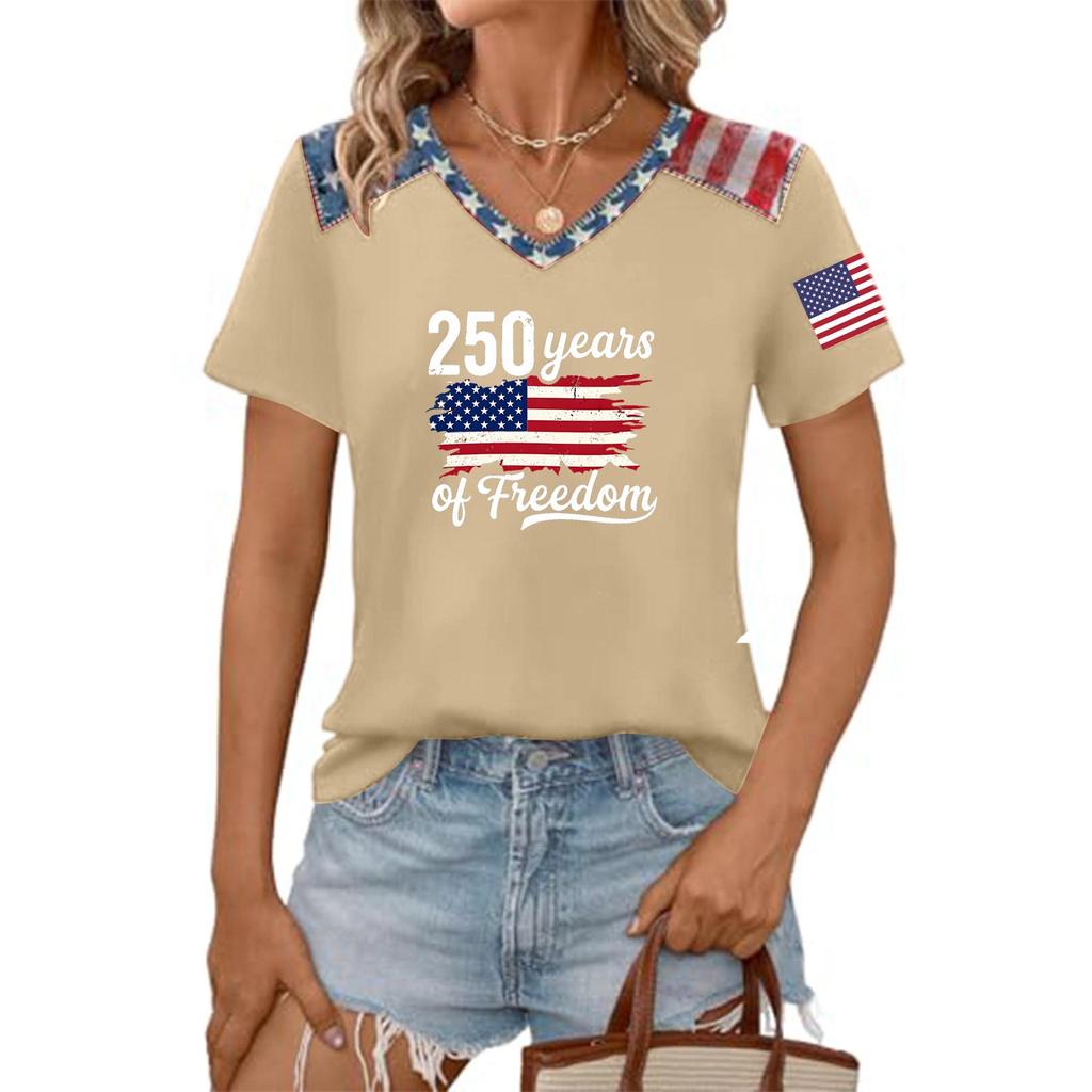 Haut T-shirt Pull Col en V Manches Courtes pour Femme avec Impression Drapeau Coupe Ample Décontracté Confortable Design Léger pour un Usage Quotidien