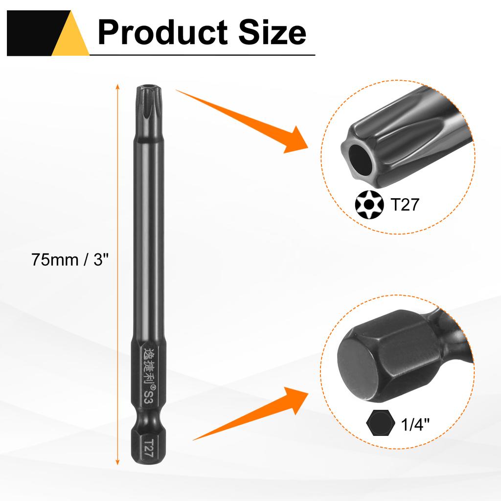 6pcs T6-T40 Torx Screwdriver Bit 1/4" Hex Shank 75mm/100mm S3 Steel Magnetic Tamper Proof Star 6 Point Head Hex Screw Driver Bit