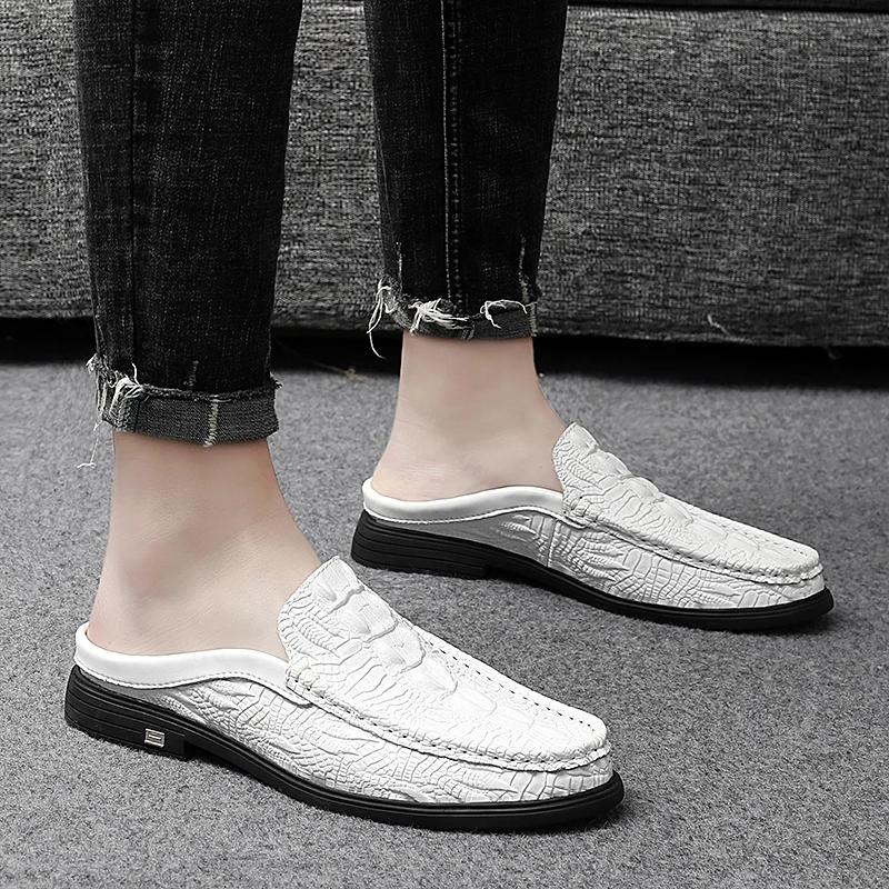 Fashion Fashion Top Layer Genuine Leather Antiskid Loafers Breathable Antiskid Driving Design Crocodile Pattern Walking Half Drag Shoes