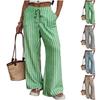 Pantalon Décontracté pour Femme Coupe Ample Jambes Larges Taille à Cordon Motif Rayures Verticales Ceinture Élastique Pantalon Léger Confortable