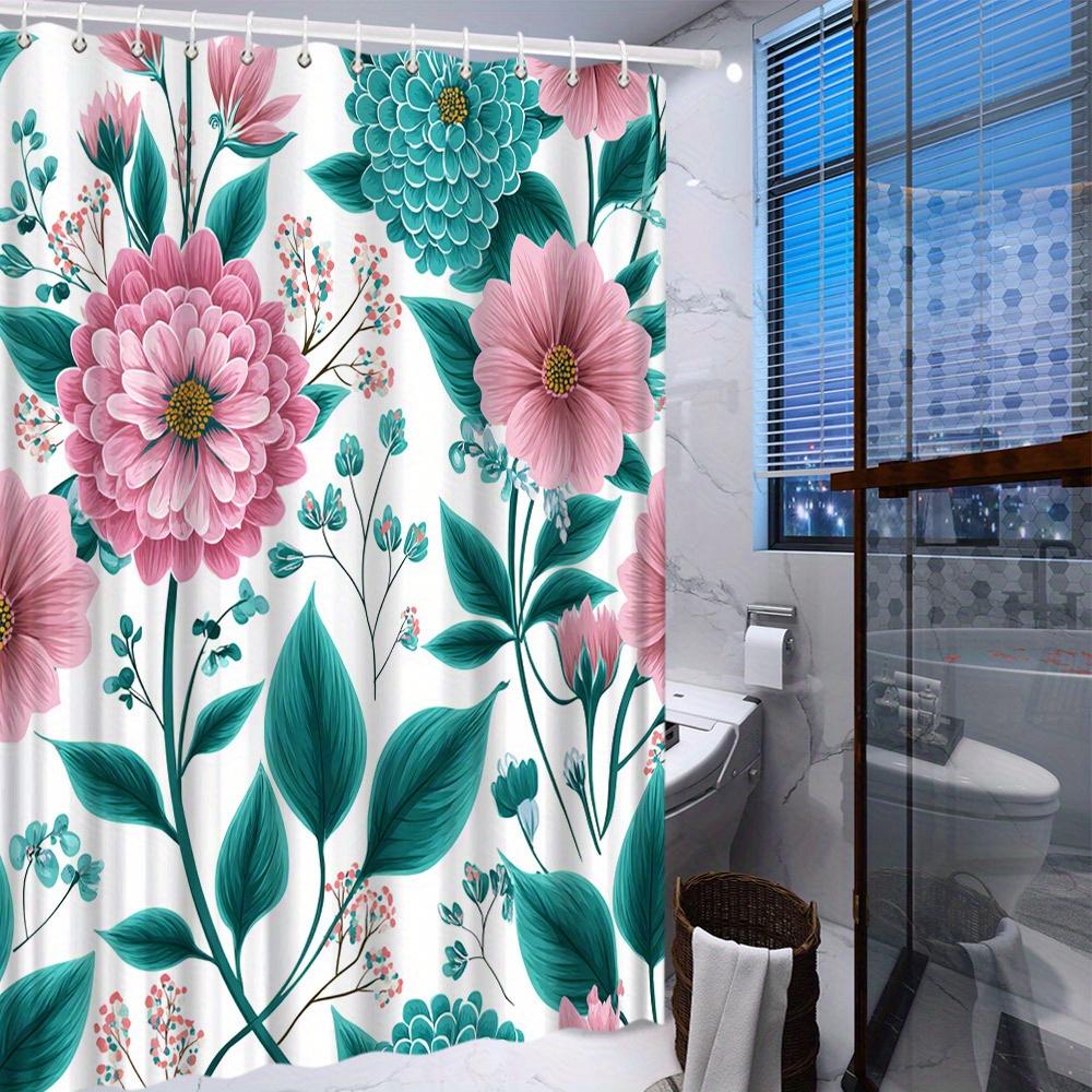 1pc flower pattern leaf bud white background retro shower curtain, polyester fabric, machine wash, suitable for bathroom
