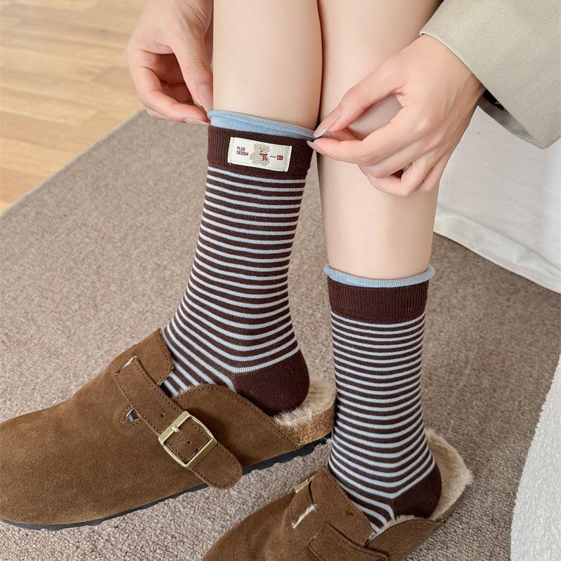Female Spring and Autumn Polka Dot Striped Cartoon Bear Cloth Logo Collision Color Tube Pile Socks
