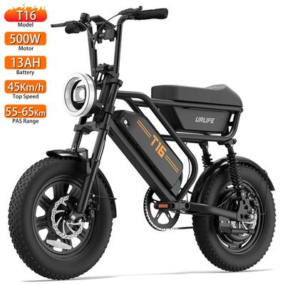 Bicicleta Eléctrica Urlife T16 Motor 500W Rueda Gruesa de 16" Completamente Suspendida Bicicleta Eléctrica para Adultos 48V 13Ah Frenos de Disco Doble 7 Velocidades Carga Máxima 120Kg
