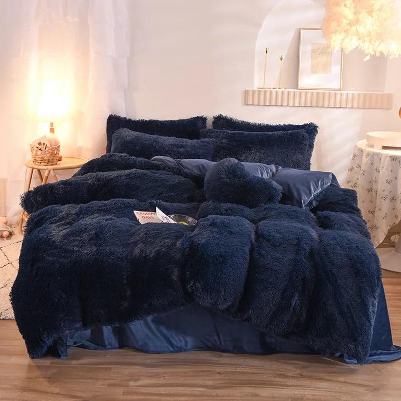 3/4PCS Winter Warm Plush Duvet Cover Pink Mink Velve+fluffy Flannel Quilt Cover Queen King Size Luxury Double Bed Bedding Set