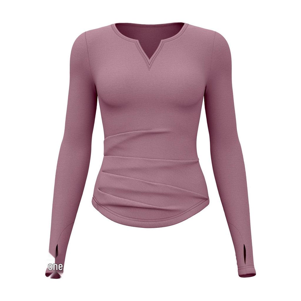 Juyitang Seamless V-Neck Long-Sleeve Yoga Suit with Pleated Waist and Slim-Fit Top