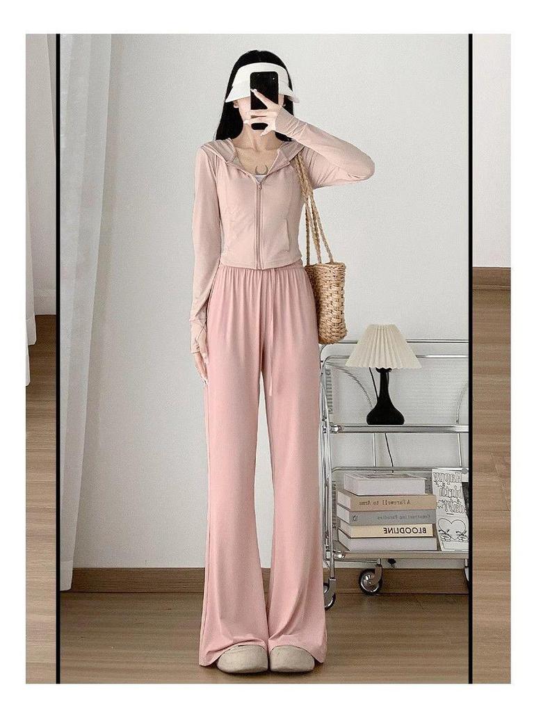 Women's High Waist Pink Ice Silk Sun Protection Flare Pants - Summer 2025 Slimming Casual Trousers