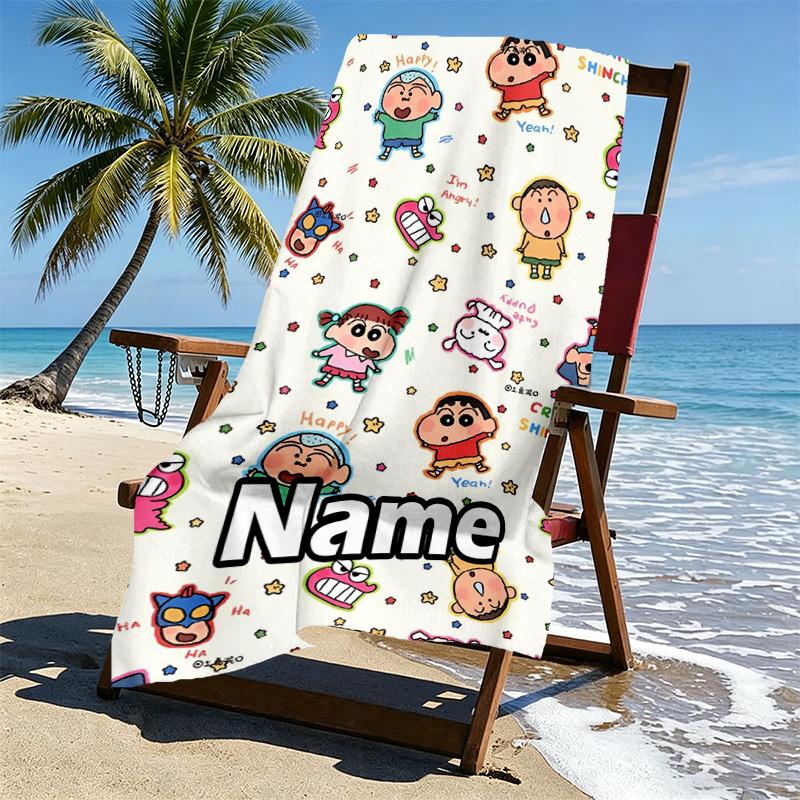 Custom Name Personalized Crayon Shin Print Beach Towel, for Trip Camping Beach Party Home Decor, Birthday Gift for Family & Friends