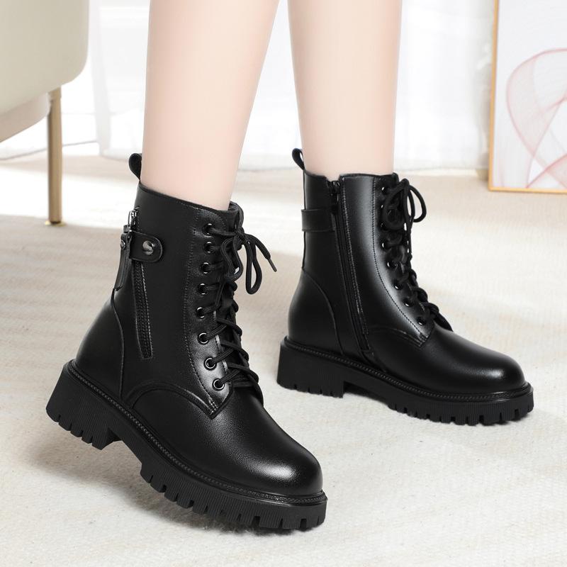 Female Ladies Women Genuine Leather Ankle Boots Wool Snow Boots Platform Autumn Winter Plush Fur Warm Shoes Size Lace Up 35-43