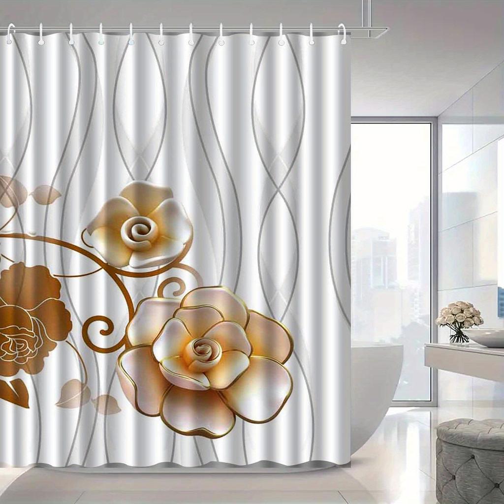 1pc Elegant floral pin pattern shower curtain, polyester fabric, machine washable, suitable for bathroom decoration