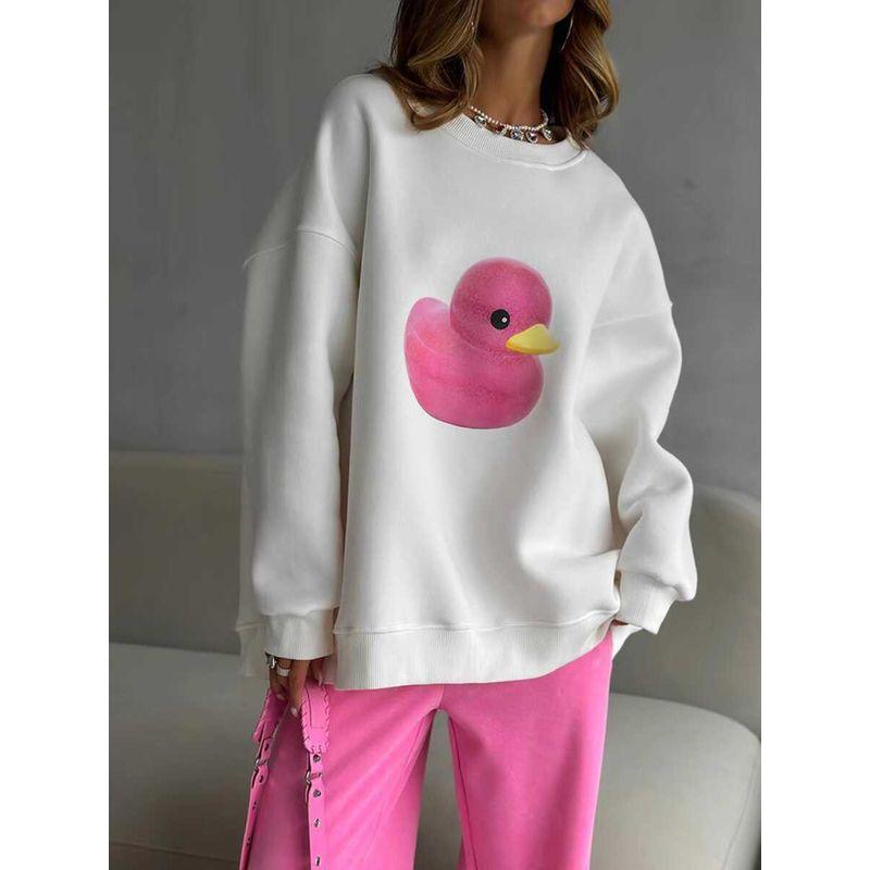 

Western Style Small Yellow Duck Print Top round Neck Over fit hoodie round Neck Neck Loose Printed Top White S