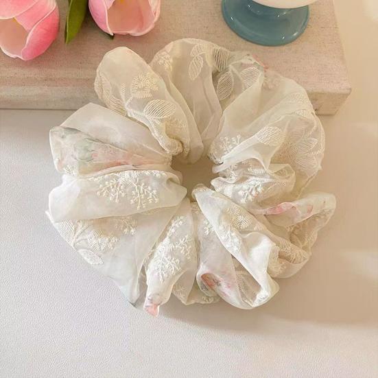 Hair Tie Embroidery Flower Pattern Mesh Yarn Large Hair Scrunchy Soft Elastic Ponytail Holder Non-Slip Hair Accessory