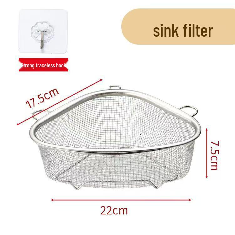 Verbesserter dreieckiger Edelstahl-Abtropfkorb für das Spülbecken - Filter für Essensreste & Hängekorb für Gemüse und Obst