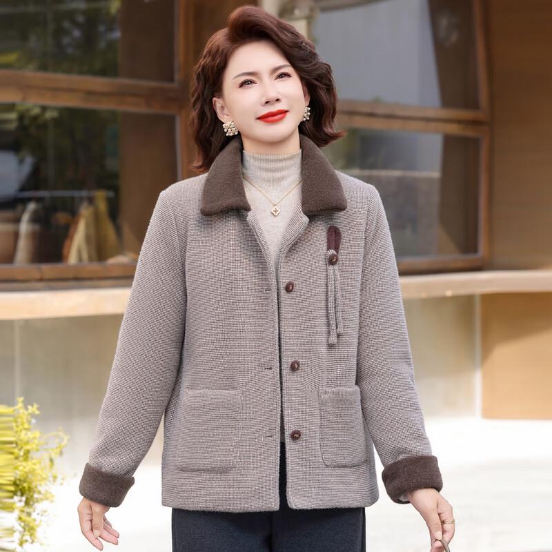 Middle-Aged Women's Winter Plush Lined Wool Blend Coat