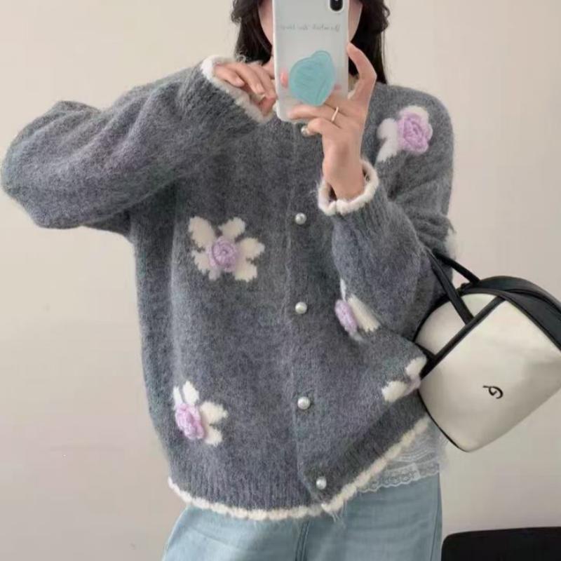 Korean Knit Cardigan: 3D Floral Embroidery, Women's Loose-Fit, Soft-Fluffy Sweater Coat
