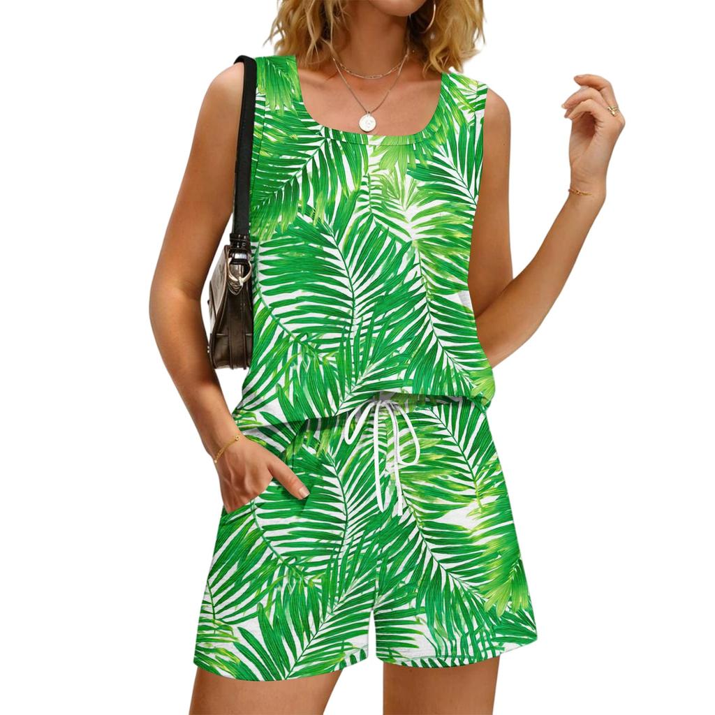 Women's Summer Floral Print Square Neck Sleeveless Tank Top and Shorts Set with Pockets - Casual 2 Piece Outfit