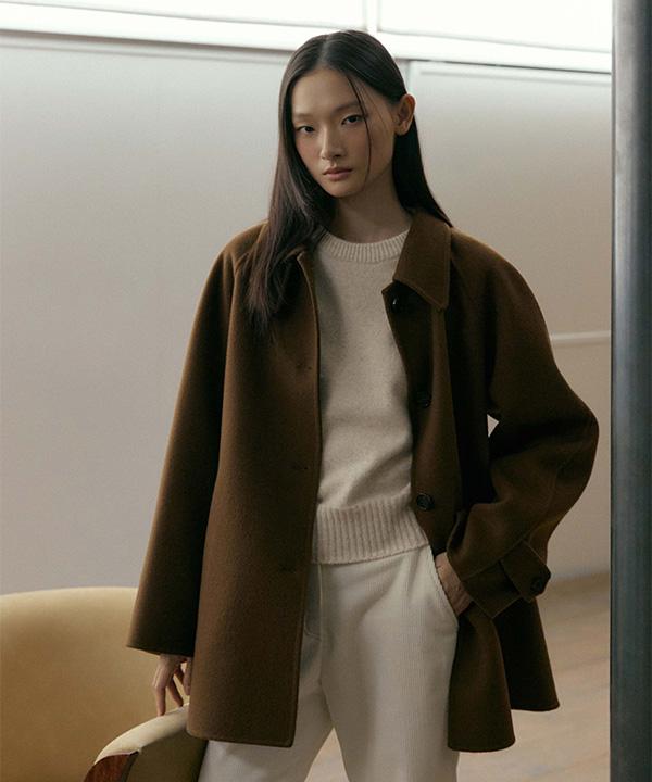 LINGSEOUL Handmade Wool Half Coat-Brown