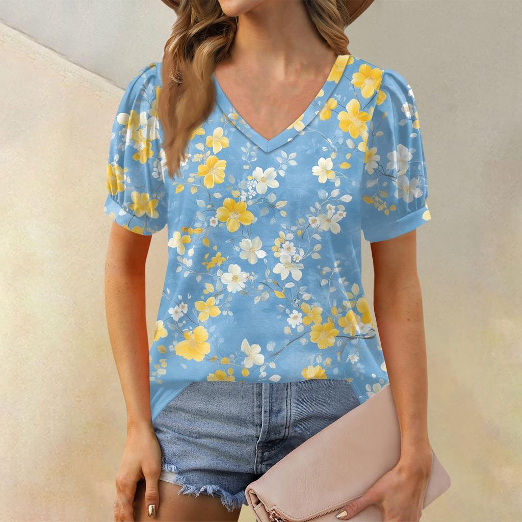 Damenmode Blumendruck Top Puff Kurzarm V-Ausschnitt T-Shirt Lose Casual T-Shirt