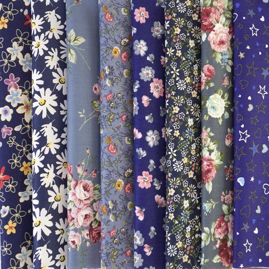 Set of 8 Cotton Quilting Fabric Scraps for Patchwork and Cute Cut Cloths Blue with Chrysanthemum 100% Crafts, 46x56cm, (Dark Design)