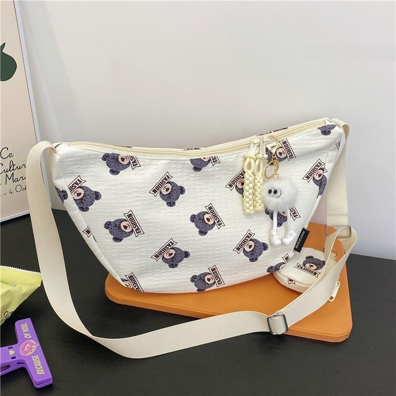 Cute Bear Print Cotton Shoulder Bag For Daily Use With Zipper Closure And Mobile Pocket