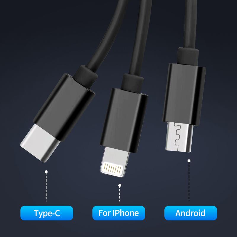 3-in-1 Retractable USB Type C Micro USB Charging Cable For Mobile Phone Charger Cable 39.37inch Fast Charging Cable