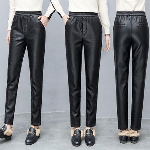 Faux Leather Plush Thickened High Waist Elastic Korean Size Pu Pants Women's  Fashion  Pants Women Clothing