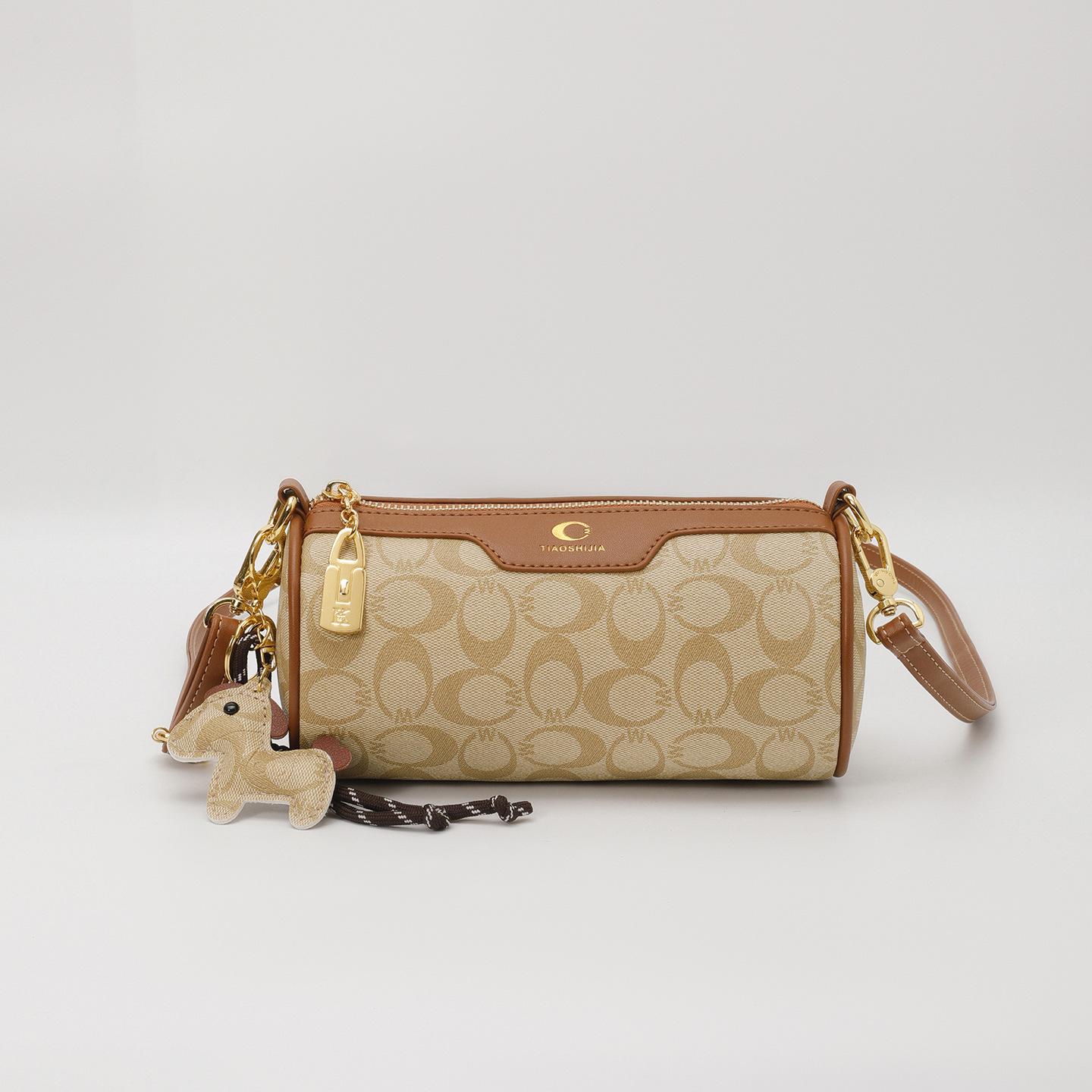 Cross-Border Retro Floral Cylinder Crossbody Bag with Horse Pendant коричневый