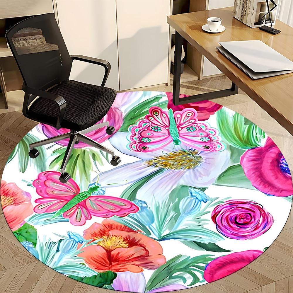 1pc Floral Butterfly Office Round Rug, Non-slip, Soft and Durable Office Rug for Interior Decoration, Perfect for Office, Beautiful Decoration yy26032