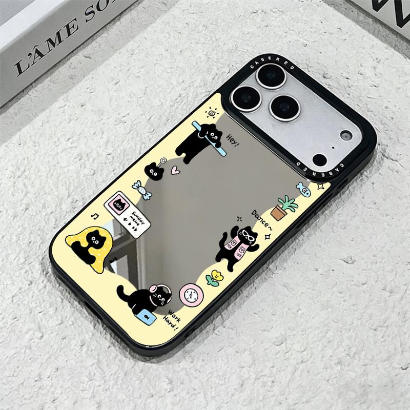 Creative cartoon black cat pattern multifunctional makeup mirror phone case suitable for iPhone 17 16 15 14 13 12 11Pro/Max/Plus