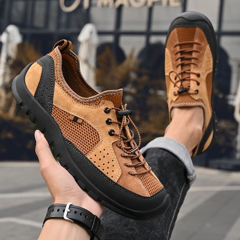 Summer New Elastic Band Outdoor Mesh Shoes Genuine Leather Men Casual Shoes Outdoor Mens Sneakers Male Comfortable Walking Shoes