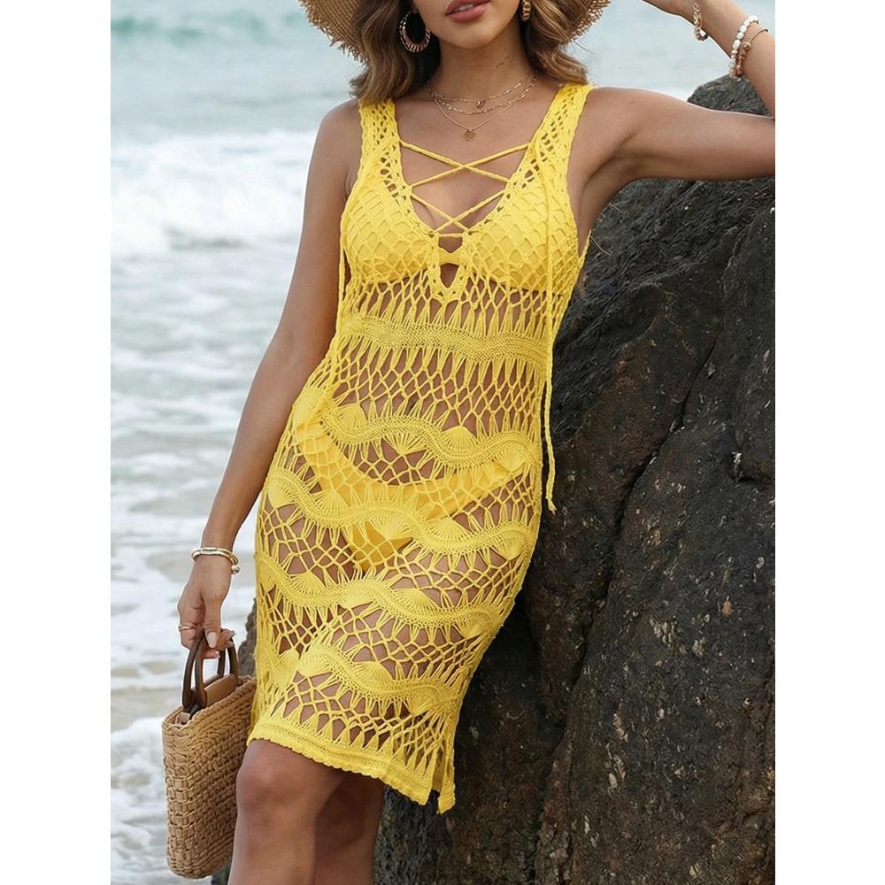 Dress: Hand-knitted Pure Lace Open-string Beach Dress, Tank Top, Cardigan for Women