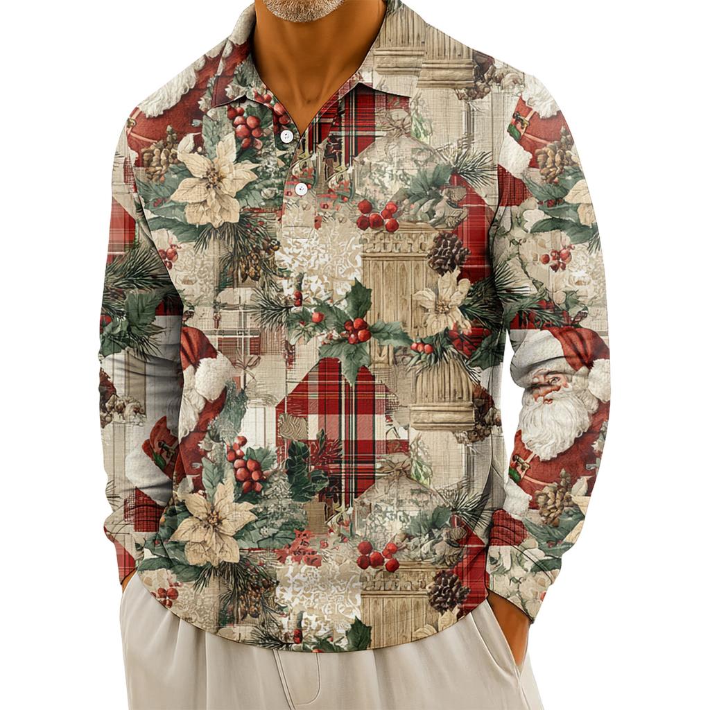 Men's Casual Christmas Print Button Long Sleeve Shirt