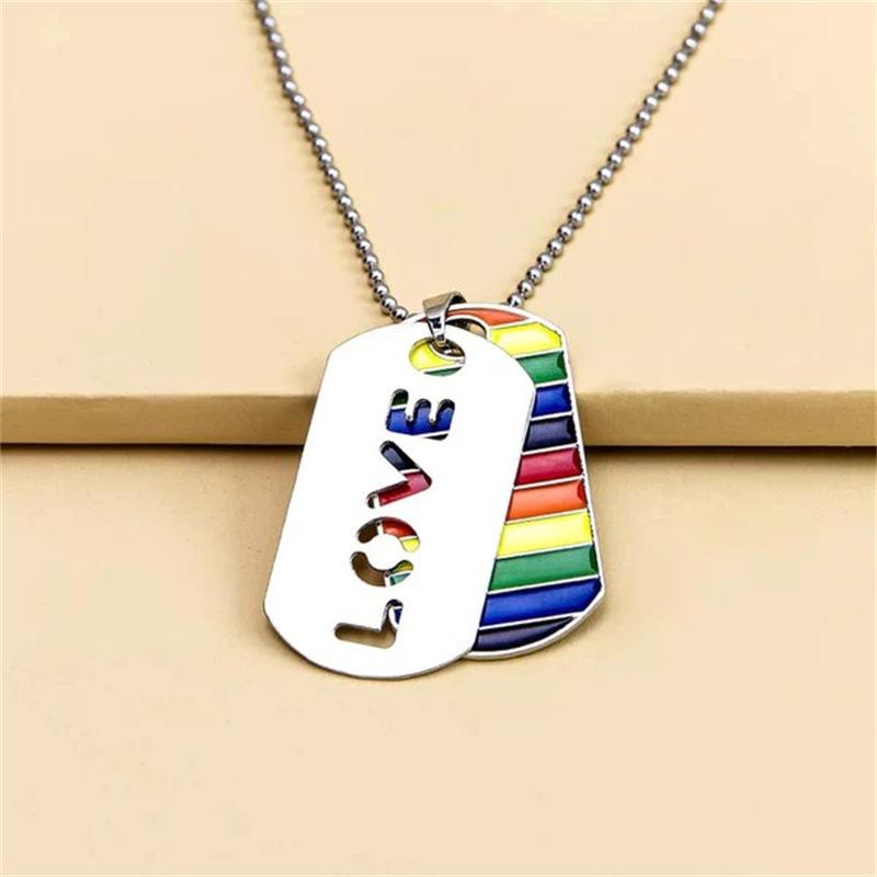 Stainless Steel LGBT Gay Lesbian Love Pride Necklaces Enamel Rainbow Flag Double Pendant Necklace