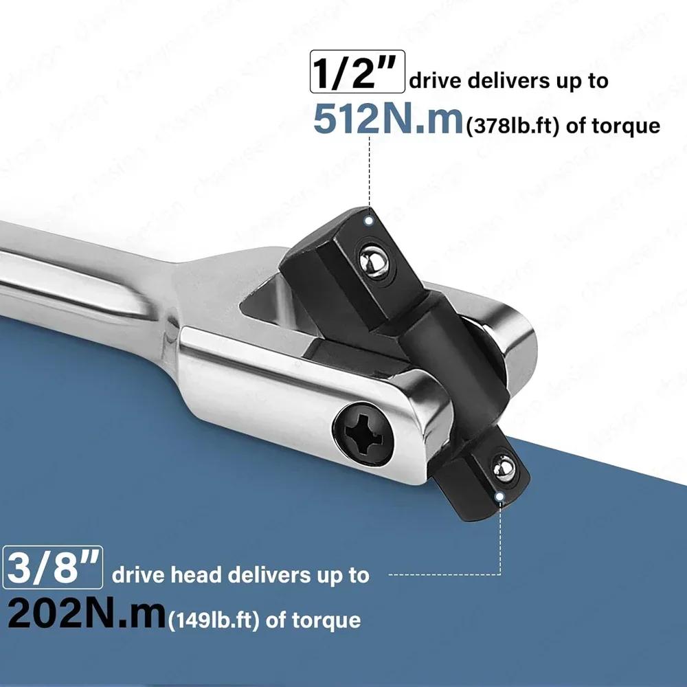 1/2'' Drive Breaker Bar Wrench Socket 10/15/18inch Extension 180-Degree Cr-V Flex Head and Engraved Non-slip Handle Repair Tools
