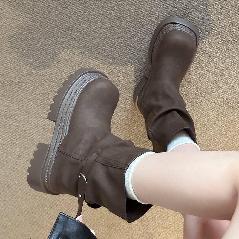 Short Martin Boots Women'S Trousers Round Head Rad Brown Boots Thick-Soled Retro American British Style